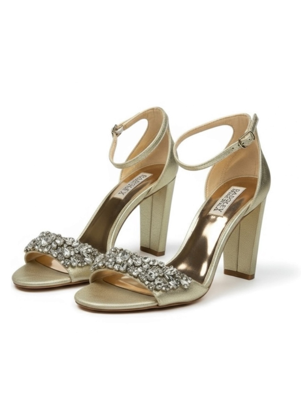 Badgley Mischka ❧ Barby Crystallized Heeled Sandals ❧ Gold Shimmery Leather ❧ 8M - Picture 7 of 16